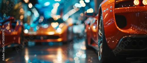 Glistening Night Cityscape with Luxurious Sports Cars Illuminated Under Neon Lights