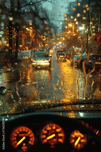 Amidst the shimmering city lights, a lone car navigates through the rain-soaked streets, its control panel aglow and the world outside reflected in its windshield