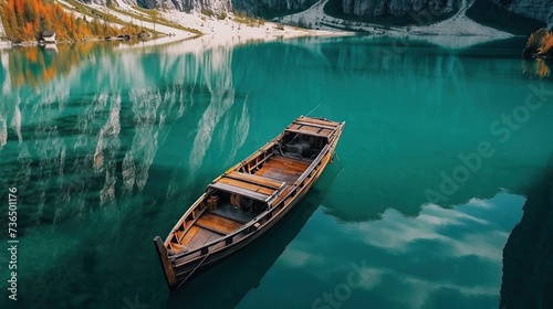 A boat on clear water, a mountain lake, majestic rocks, the beauty of nature