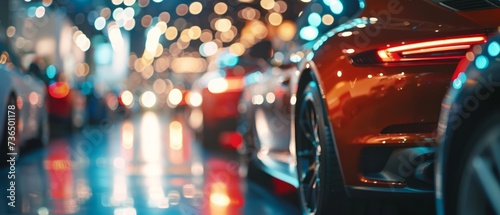 Glistening Night Cityscape with Luxurious Sports Cars Illuminated Under Neon Lights.