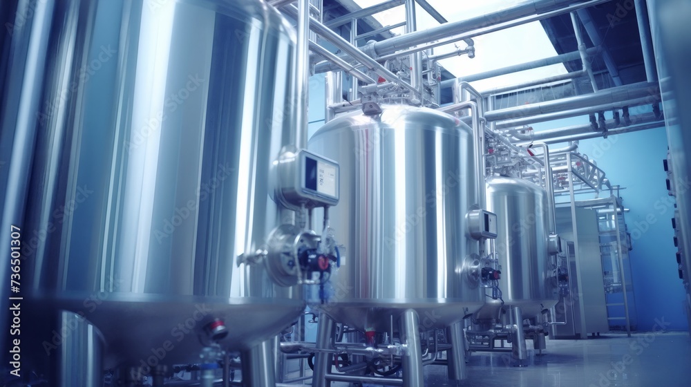 Equipment dairy plant, milk factory industry. Stainless steel storage and processing tanks
