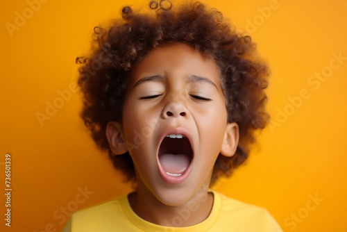 listening to a song artist, black curly haired boy in t shirt screaming and crying or very emotional expression sings songs on audition with opened mouth and closed eyes against orange color wall photo