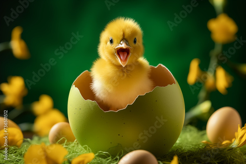 A cheerful chick chirps from a green egg amidst a scene of spring with blooming yellow flowers photo