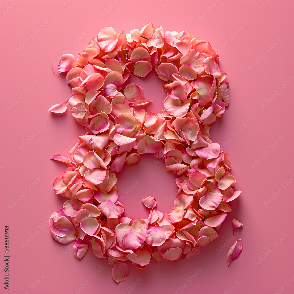 A creative pink background with a number 8 made of rose petals for International Women's Day.