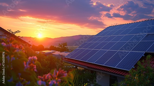 Por do sol radiante sobre casa com telhado solar