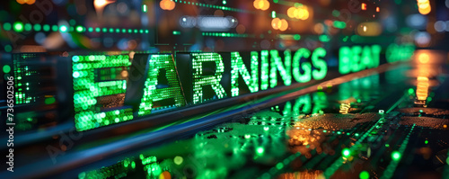 Dynamic 3D illustration of EARNINGS BEAT with upward green arrows, representing rising profits and positive quarterly financial results photo