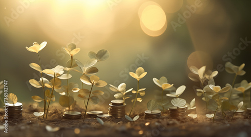 Konzept Kapitalwachstum, Pflanzen sprießen aus Geldmünzen, Zuwachs des Vermögens, Rendite photo