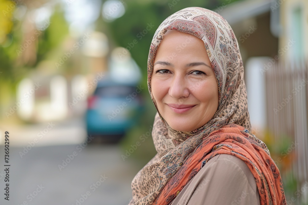 smiling mature woman puts on hijab with a scarf on her head smiling mature woman puts on hijab with a scarf on her head