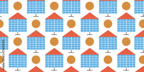 Seamless pattern with solar panel and sun. ESG conceptual illustration. Eco energy.