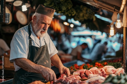 man dressed in uniform cutting meat in the butcher shop