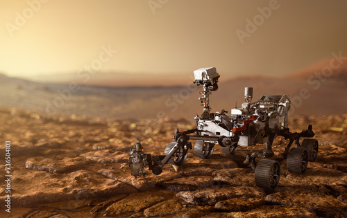 Mars 2020 Perseverance Rover is exploring surface of Mars. Perseverance rover Mission Mars exploration of red planet. Space exploration  science concept. .Elements of this image furnished by NASA.