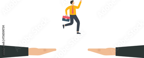 Businessman jumping across a helping hand, Overcoming obstacles and Business growth concept, 