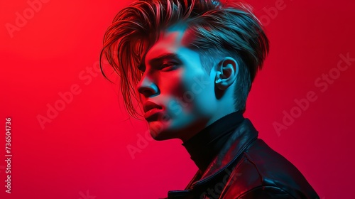 Man in Black Leather Jacket on Red Background