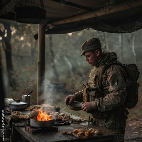 Soldier Preparing a Meal at a Field Camp Kitchen during a Break in Military Exercises photo