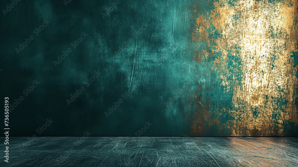 A wall with a metallic gold sheen, set against a deep emerald background, creating a luxurious and modern look. - obrazy, fototapety, plakaty 