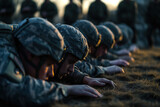 Line of Soldiers in Camouflage Performing Low-Crawl Exercise at Dusk