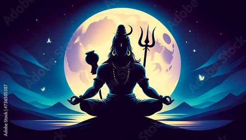 Illustration for maha shivratri of a lord shiva silhouette sitting in a meditative pose.