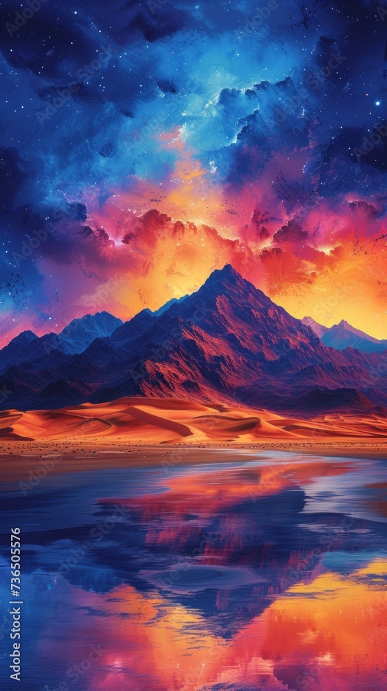 Vibrant Desert Mountains: A Colorful Illustrated Landscape Generative AI