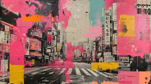 Generative AI, retro grunge pink and yellow collage poster with asian cityscape, different mixed textures  photo