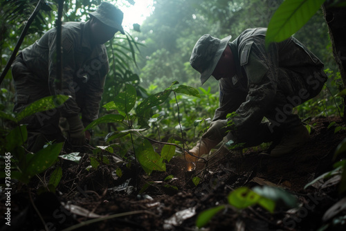  Soldiers Conducting a Ground Search Operation in a Dense Jungle Environment