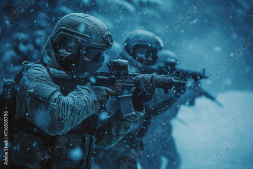 Special Forces Soldiers in Combat Gear Advancing During a Snowstorm Operation