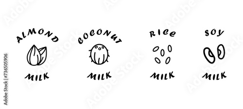 Almond, coconut, rice and soy milk - vector labels for bottle or package.