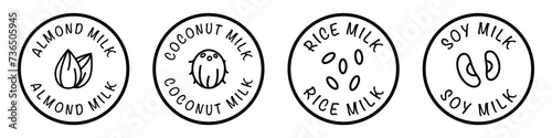 Almond, coconut, rice, soy milk - round labels collection for bottle or package.