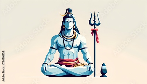 Illustration of lord shiva in a meditative pose with a trident next to him.