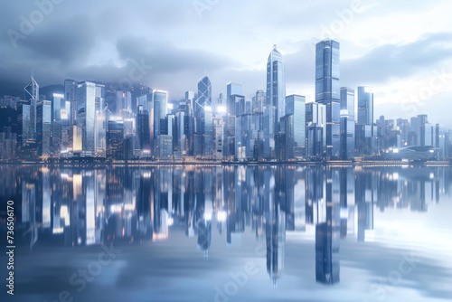 Futuristic Cityscape Reflection on Water with Modern Skyscrapers at Twilight