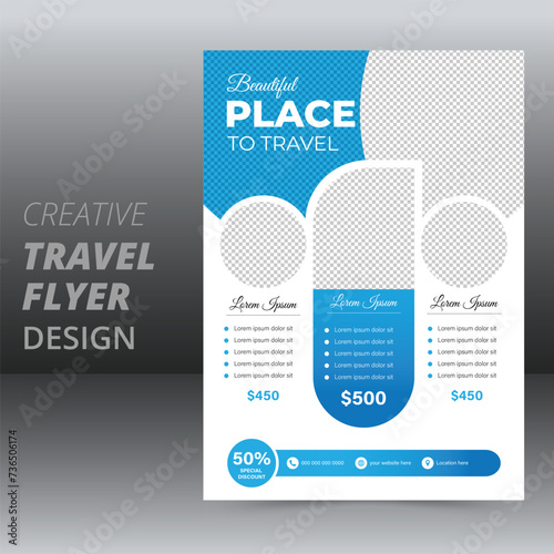 Modern Travel flyer design template, abstract business flyer, vector template design or business poster template design, Flyer Layout with Blue Accent.