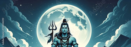 Maha shivratri illustration with lord shiva in a meditative pose under a full moon.