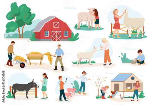 Collection illustrations of children visit contact zoo. Girls and boys feeding domestic animals in the farm. Little kids petting llama, rabbits, piglet and feed the poultry. Flat vector illustration