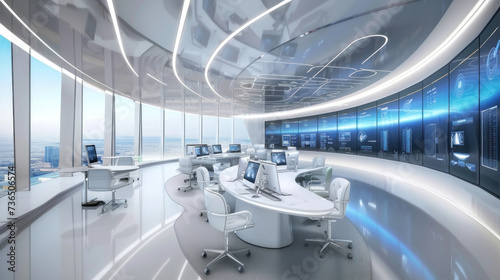 Futuristic Corporate Command Center with City View