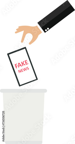 Businessman leaves fake news into the trash, Fake news and fact checking concept,
