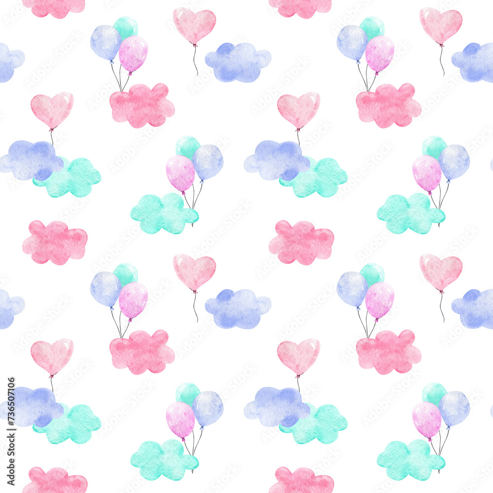 Watercolor balloons and clouds seamless pattern. It can be used for wallpaper, fabric design, textile design, cover, wrapping paper, banner, card, background.