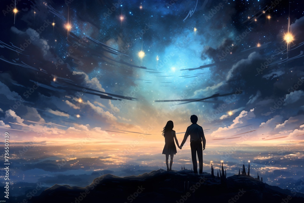 a man and woman holding hands looking at the sky