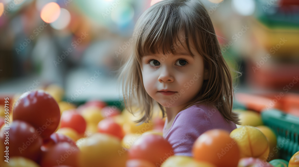 Fototapeta premium Child at Play in Ball Pit with Colorful Balls