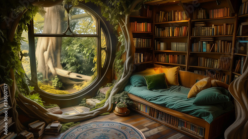 My personal book paradise reading room. A cozy reading nook. Generetiv AI. photo