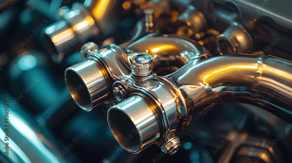 Close-up of Chrome Exhaust Manifold in Car Engine - obrazy, fototapety, plakaty 