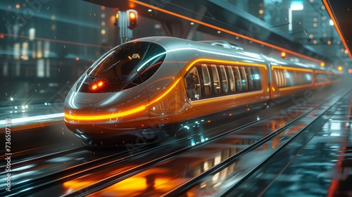 A highspeed bullet train on futuristic tracks at night, powered by electricity and equipped with automotive lighting for a smooth ride © RichWolf