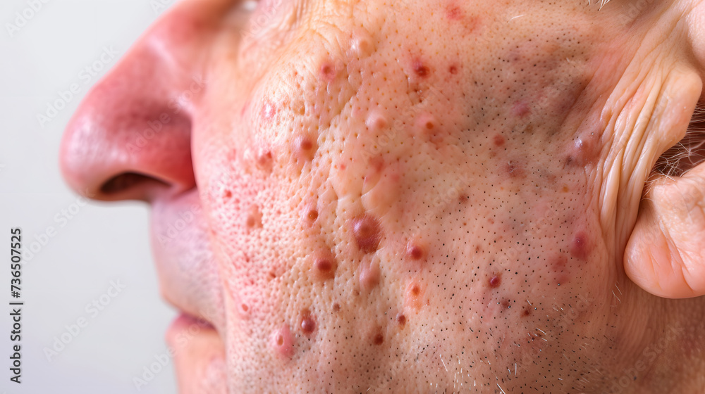 Fototapeta premium Closeup of Adult Male Skin with Acne and Post-Acne Scars