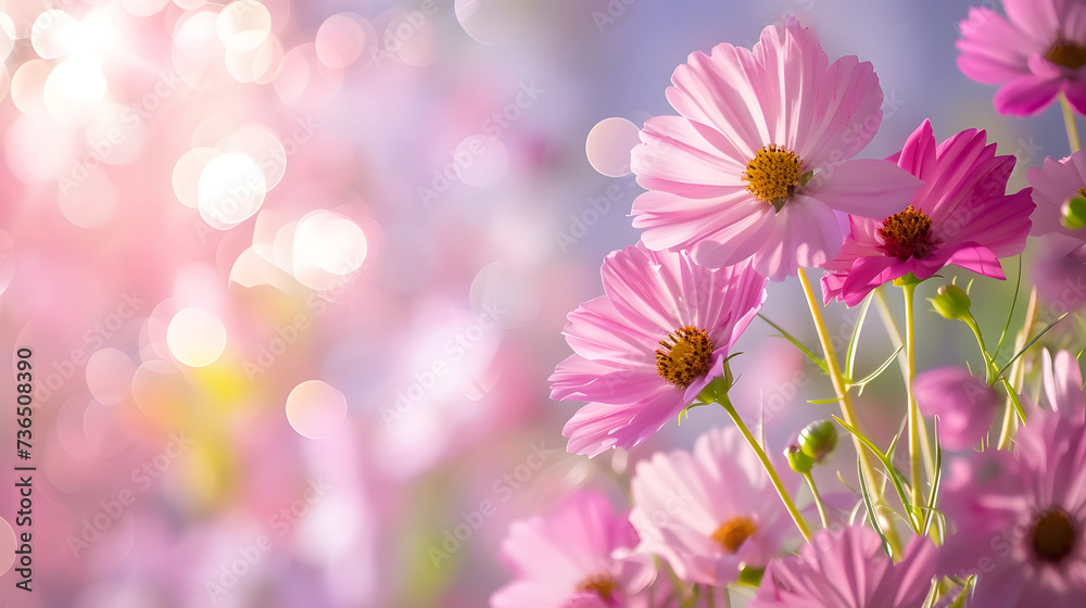 Soft Pink Cosmos Flowers with Sunlight and Bokeh Background Soft Pink Cosmos Flowers with Sunlight and Bokeh Background