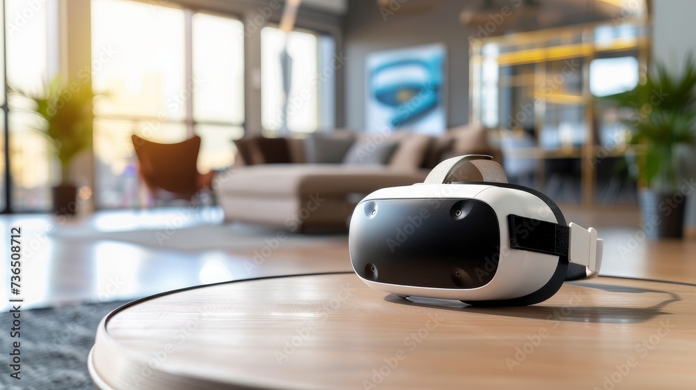 A VR headset sits on a table, seamlessly blending into the relaxed yet contemporary setting of a modern business office A VR headset sits on a table, seamlessly blending into the relaxed yet contemporary setting of a modern business office