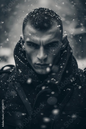 soldier with short hair, under the snow of intense winter with a look of hatred
