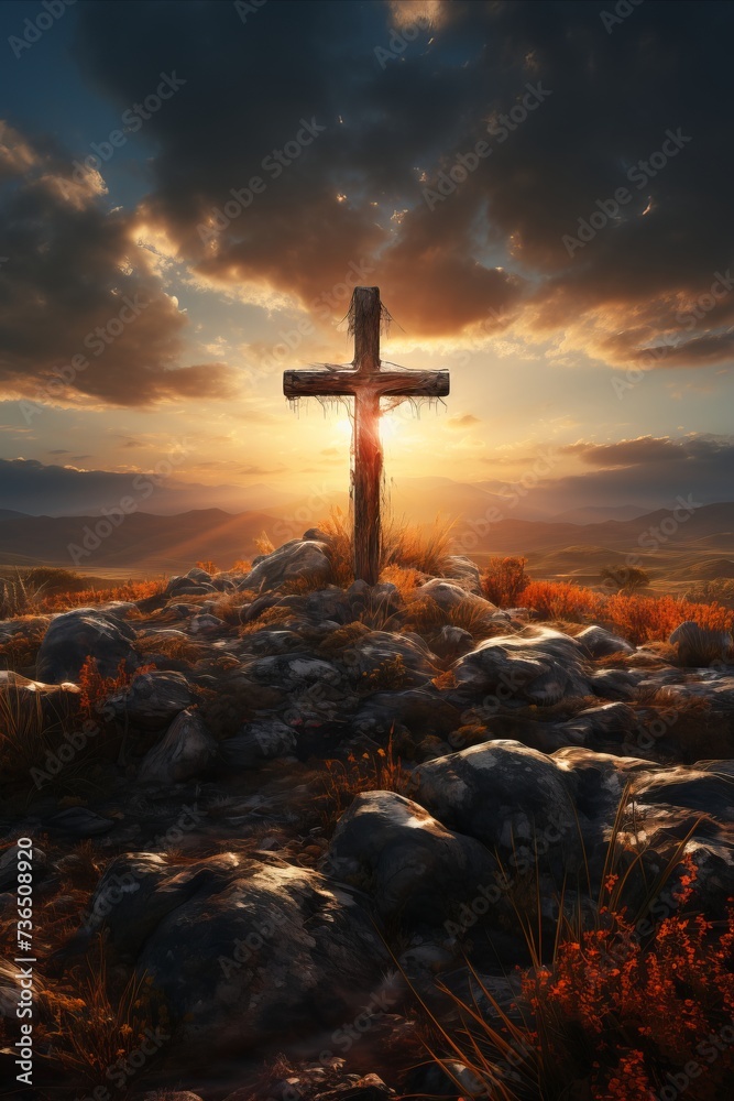 A serene depiction of a cross against a beautiful sunrise.