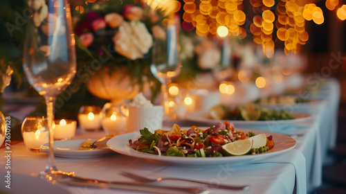 Romantic Wedding Dinner Table Setting with Warm Lights