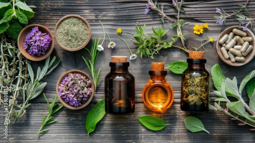 A serene display of various herbs and homeopathic remedies representing alternative and complementary medicine therapies