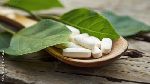 Natural alternative medicine tablets resting on a wooden spoon  accompanied by a fresh green leaf