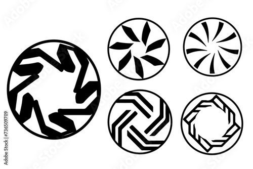 Camera shutter and lens diaphragm icons set. Collection of lens aperture, photo shutter, photo lens, shutter lens, camera shutter and camera lens icon. Flat style camera shutter icon vector . 
