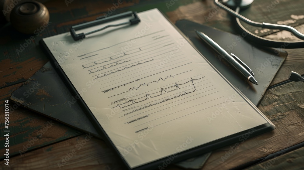 A professional setup featuring a clipboard, pen, and medical stethoscope, symbolizing medical documentation and care A professional setup featuring a clipboard, pen, and medical stethoscope, symbolizing medical documentation and care